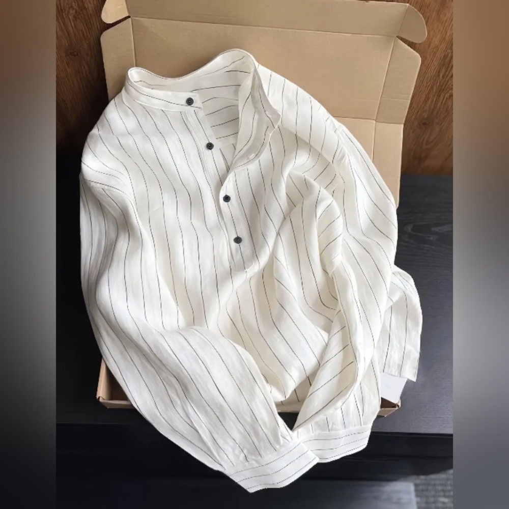 *NEW ARRIVAL* Elegant White Linen Striped Men's Button Down Shirt